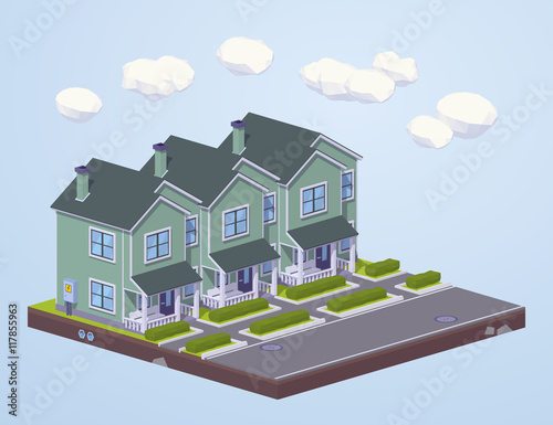 Suburban houses in line. 3D lowpoly isometric vector concept illustration