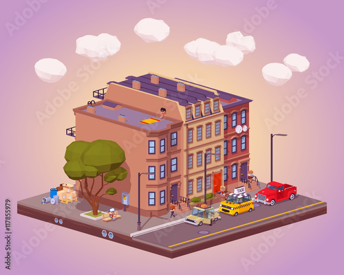 Scene of the urban street life. 3D lowpoly isometric vector concept illustration