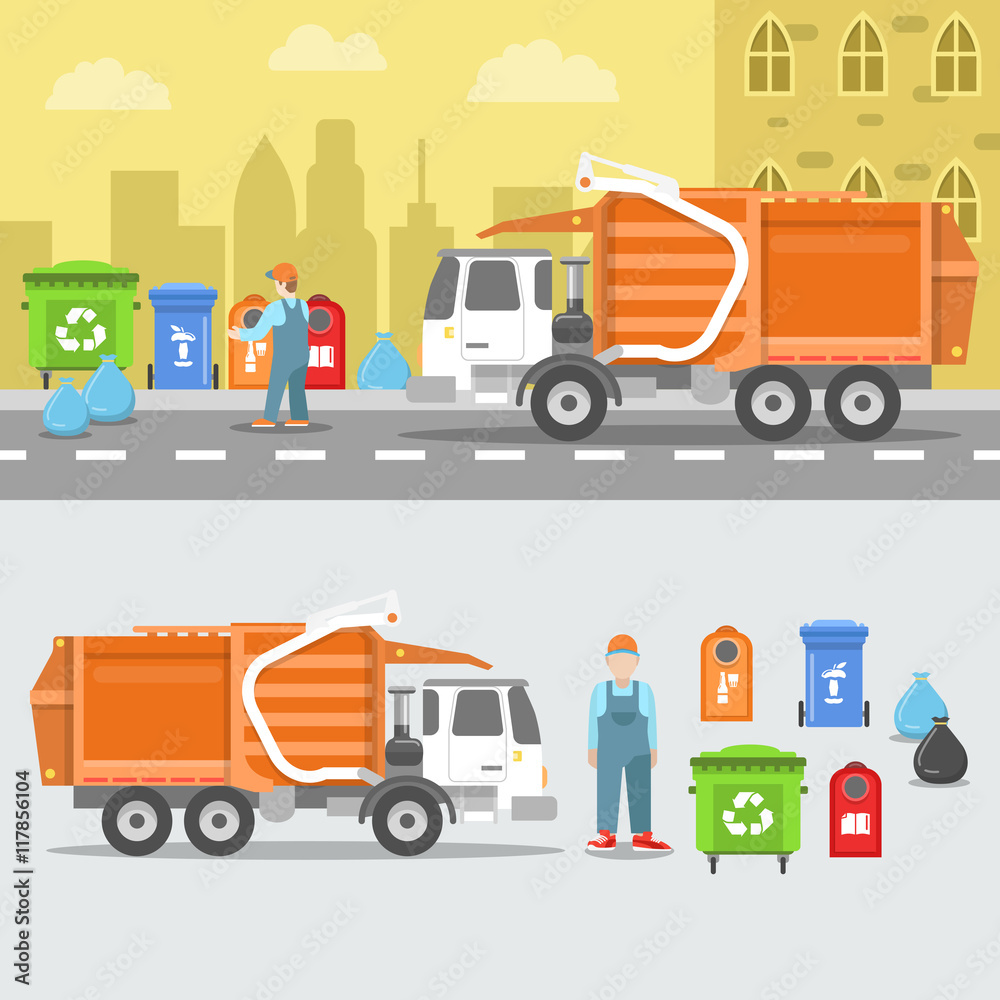 Garbage Recycling Set with Truck and Containers. Vector illustration