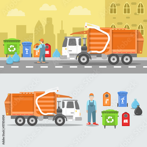 Garbage Recycling Set with Truck and Containers. Vector illustration