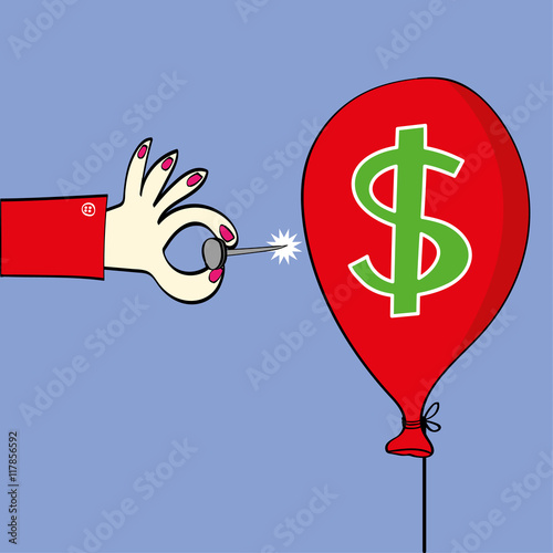 Female hand holding a sharp pin about to burst a red balloon with a dollar sign on it as a metaphor for the strength of the USA currency