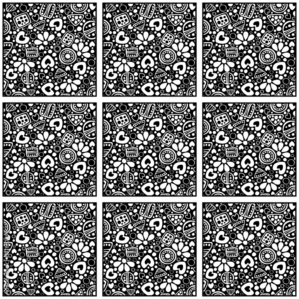 Seamless vector decorative hand drawn pattern. Black and white ethnic endless background with ornamental decorative elements with traditional motives, geometric figures, dots and flowers. Seamless vector decorative hand drawn pattern. Black and white ethnic endless background with ornamental decorative elements with traditional motives, geometric figures, dots and flowers.