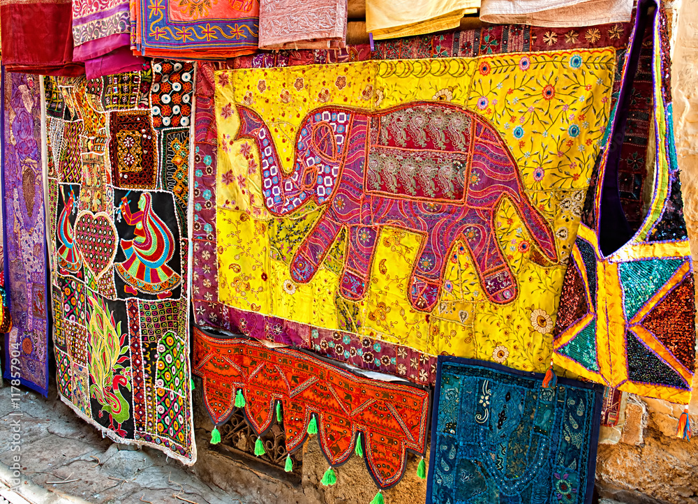 Naklejka premium Display of souvenirs at a city street shop, Jaisalmer, Rajasthan, India