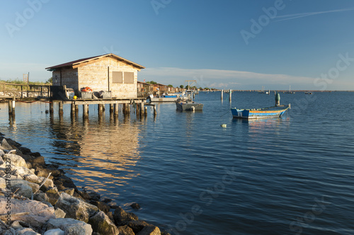 SCARDOVARI  ITALY  2016-08-06  Fishing huts at Scardovari lagoon