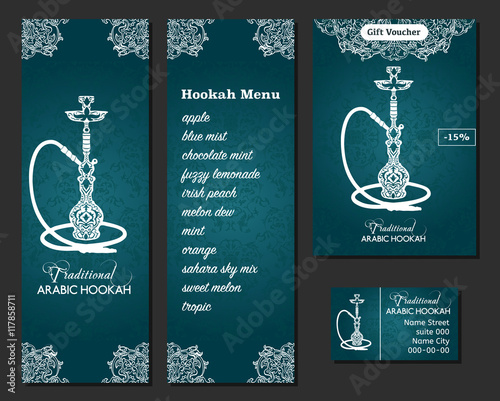 Vector illustration of a menu for a restaurant or cafe Arabian oriental cuisine with hookah, business cards. Hand-drawn islamic flower pattern.