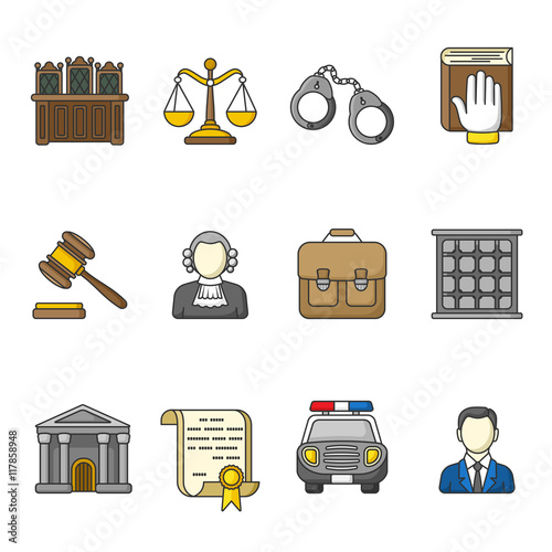 Set of law and justice icons. Colorful outlined icon collection. Judicial system concept. The judge, lawyer, scales, handcuffs, gavel, briefcase, court document, police car, prison grill. Vector.