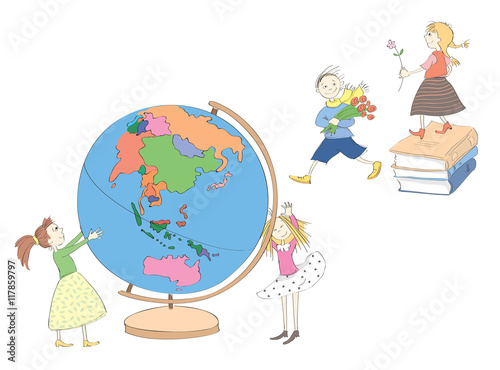 Vector set. Funny Children with Globe and Books