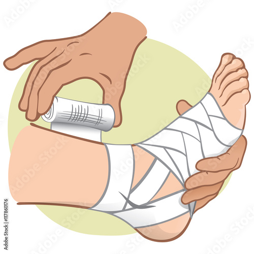 Illustration First Aid person caucasian, standing side view, bandaging the foot. Ideal for catalogs, information and medical guides