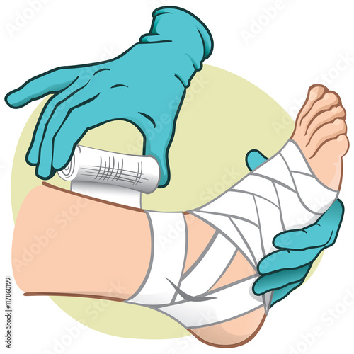 Illustration First Aid person caucasian, standing side view, bandaging the feet, hands with gloves. Ideal for catalogs, information and medical guides
