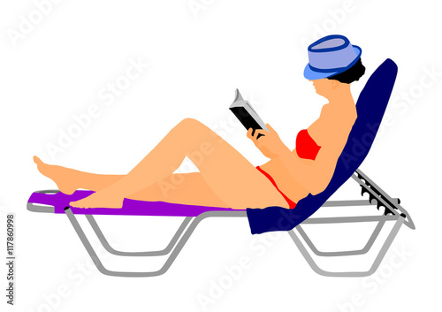 Young beautiful woman lying down on sun bed sofa lounge chair on holidays. Summer luxury vacation. Woman reading a book on the beach vector illustration, sunbathing by the pool.