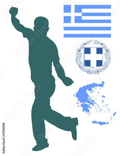 A Greek Evzone dancing vector silhouette isolated on white. Traditional dance. Dancing man silhouette vector illustration. Greece map, coat of arms and Greece flag. Tourist guide Greek symbol