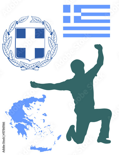 A Greek Evzone dancing vector silhouette isolated on white. Traditional dance. Dancing man silhouette vector illustration. Greece map, coat of arms and Greece flag. Tourist guide Greek symbol photo