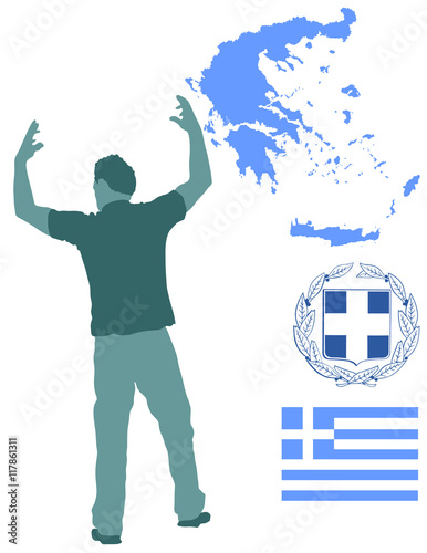 A Greek Evzone dancing vector silhouette isolated on white. Traditional dance. Dancing man silhouette vector illustration. Greece map, coat of arms and Greece flag. Tourist guide Greek symbol