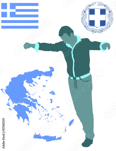 A Greek Evzone dancing vector silhouette isolated on white. Traditional dance. Dancing man silhouette vector illustration. Greece map, coat of arms and Greece flag. Tourist guide Greek symbol