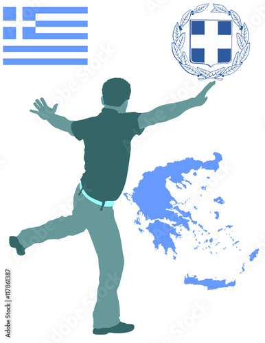 A Greek Evzone dancing vector silhouette isolated on white. Traditional dance. Dancing man silhouette vector illustration. Greece map, coat of arms and Greece flag. Tourist guide Greek symbol