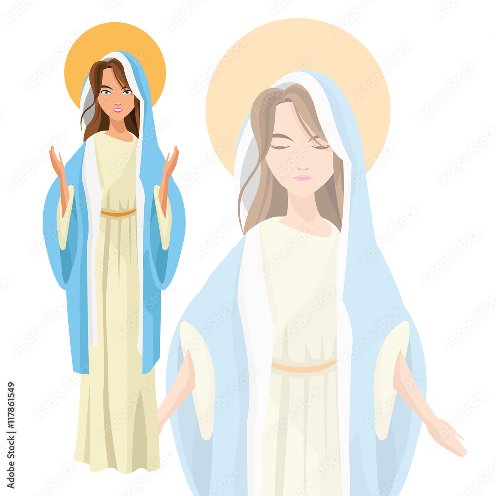Holy mary woman girl cartoon religion saint icon. Pastel colored and isolated illustration. Vector graphic