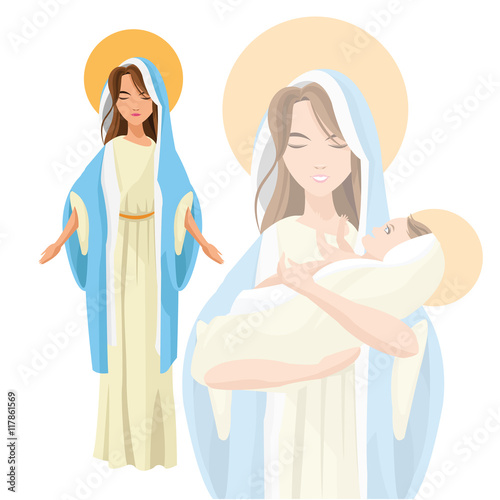 Holy mary woman girl baby jesus cartoon religion saint icon. Pastel colored and isolated illustration. Vector graphic