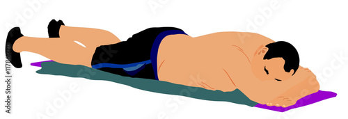 Senior, mature man sunbathing vector illustration. Man in swimwear spend relax time after work. Man lying on the rug on the beach. Massage therapy client.