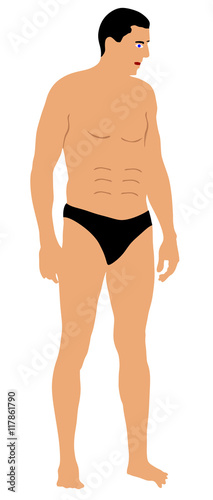 Handsome man suntan sunbathing in swimwear vector illustration isolated on white. Fit body boy relaxing. Skin care sun protection. Active life. Summer time enjoy. Fit male macho on beach.