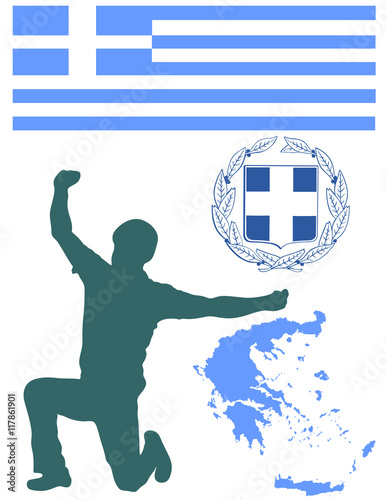 A Greek Evzone dancing vector silhouette isolated on white background.Traditional dance. Dancing man silhouette vector illustration. Greece map, coat of arms and Greece flag.Tourist guide Greek symbol