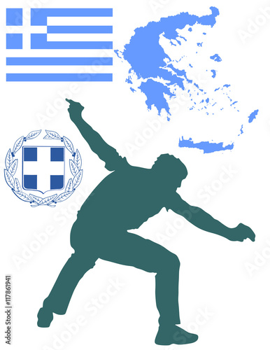 A Greek Evzone dancing vector silhouette isolated on white background.Traditional dance. Dancing man silhouette vector illustration. Greece map, coat of arms and Greece flag.Tourist guide Greek symbol