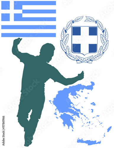 A Greek Evzone dancing vector silhouette isolated on white background.Traditional dance. Dancing man silhouette vector illustration. Greece map, coat of arms and Greece flag.Tourist guide Greek symbol