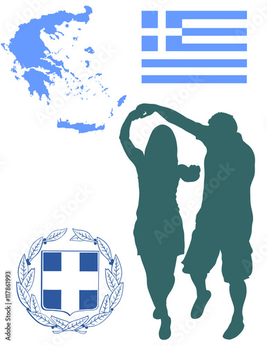 A Greek Evzone dancing vector silhouette isolated on white background.Traditional dance. Dancing man silhouette vector illustration. Greece map, coat of arms and Greece flag.Tourist guide Greek symbol