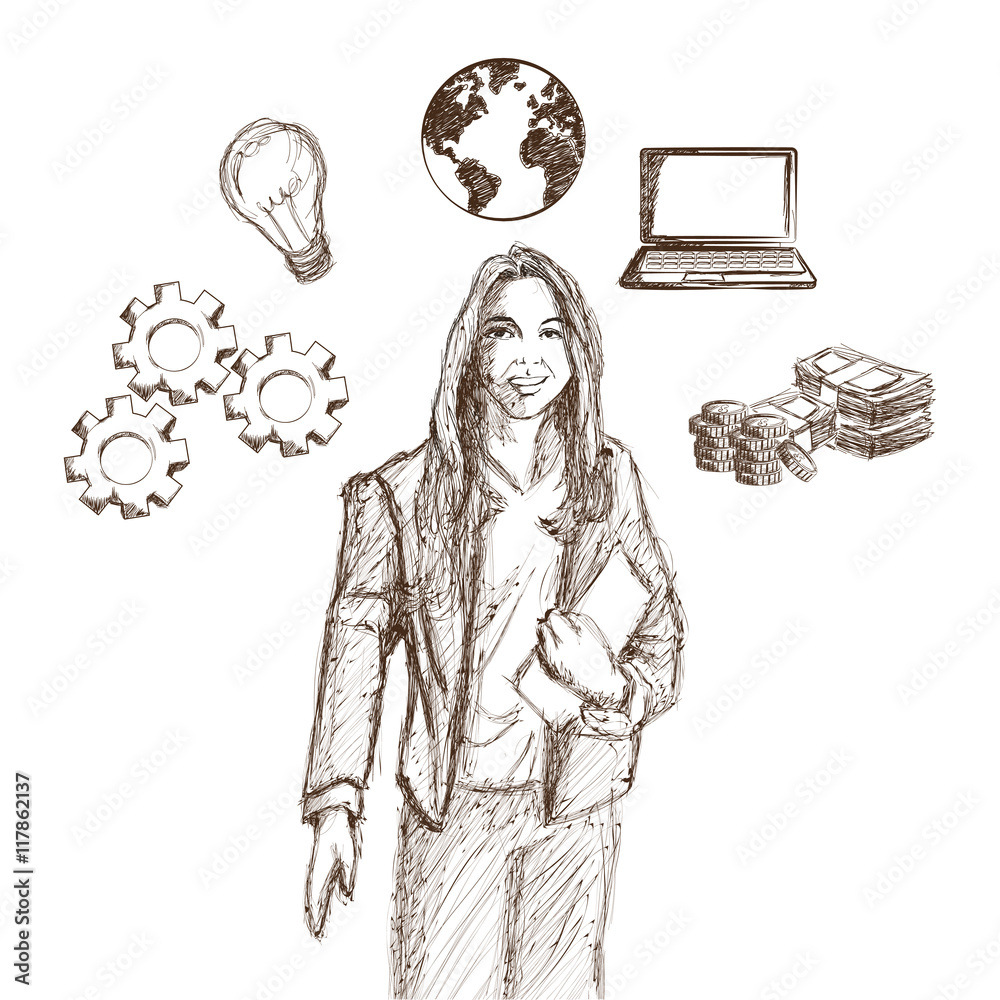 A businesswoman is sitting at a laptop. The girl is surfing the Internet or  working at a computer. Vector single line hand drawing sketch illustration.  26260756 Vector Art at Vecteezy