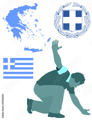 A Greek Evzone dancing vector silhouette isolated on white background.Traditional dance. Dancing man silhouette vector illustration. Greece map, coat of arms and Greece flag.Tourist guide Greek symbol