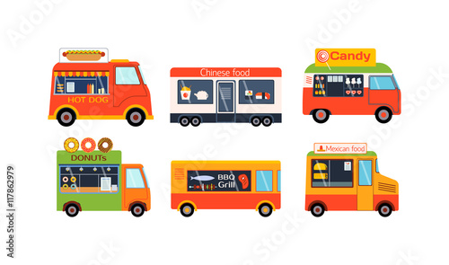 Street food festival color trailers labels set, van restaurant. Cafe urban food truck trailers, mobile market, event and transport. Vector illustration food truck trailers, fast delivery service.