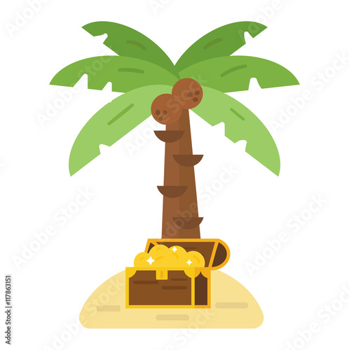 Illustration of deserted treasure island. Travel sand green palm beach treasure island map symbol, ocean chest cartoon adventure. Antique summer box with gold money treasure island vector.