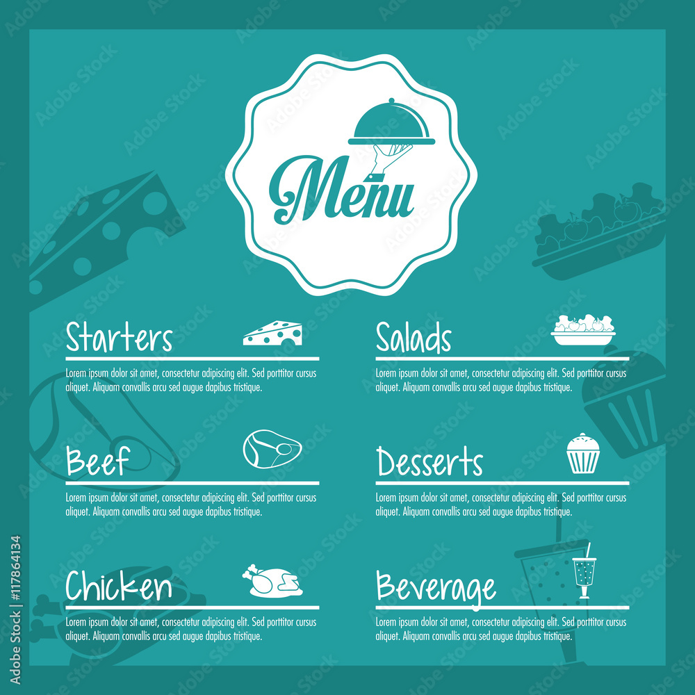 plate starters salads beef chicken dessert beverage menu restaurant kitchen icon. Colorfull illustration. Vector graphic