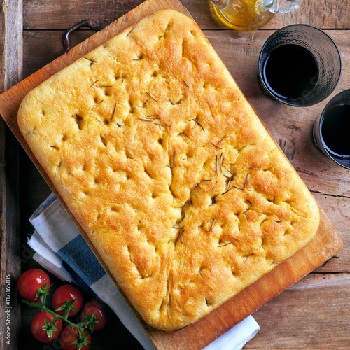 Italian homemade focaccia bread. rustic tortilla. traditional re