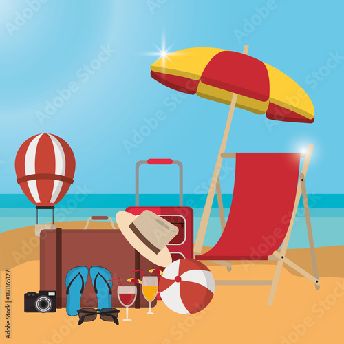 chair bag cocktail camera sandals hot air balloon umbrella ball summer holiday vacation icon. Colorfull and flat illustration. Vector graphic