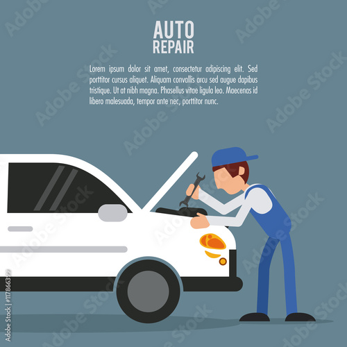 mechanic man cartoon vehicle car auto rapair service maintenance icon. Colorfull illustration. Vector graphic