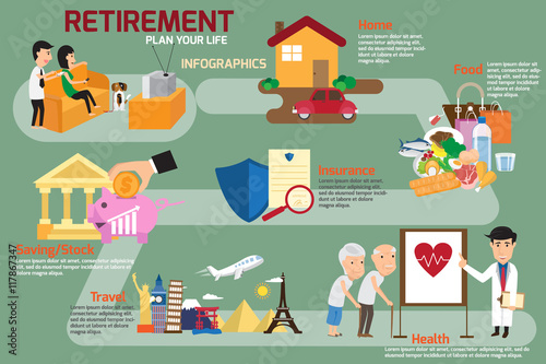 Retirement infographic with old people and set elements. man and