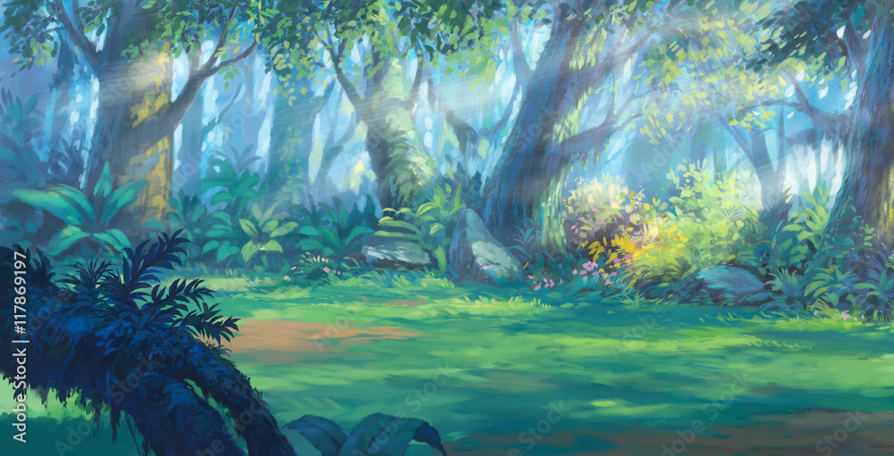Naklejka premium Wschód słońca rano wewnątrz fantasy obraz lasu ilustracji