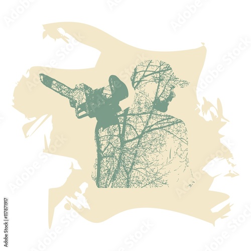 Double exposure of bearded brutal man with chainsaw. Tree branch on body.