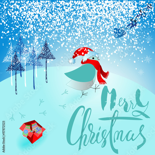 Santa Claus brought a bad gift. Angry bird dissatisfied Christmas gift. A pair of mittens. Christmas lettering.