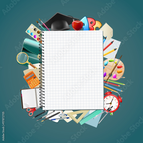 notepad blank page school background with supplies