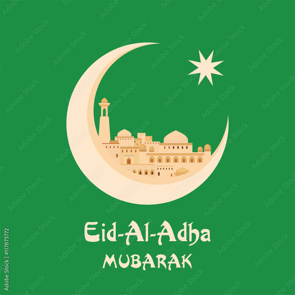 Eid al-Adha greeting card   with the image of an ancient middle Eastern city with mosques and minarets