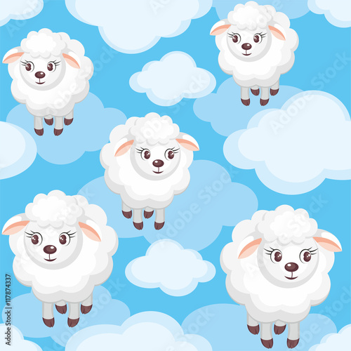 Colorful children's seamless pattern in cartoon style with the image of sheep and clouds