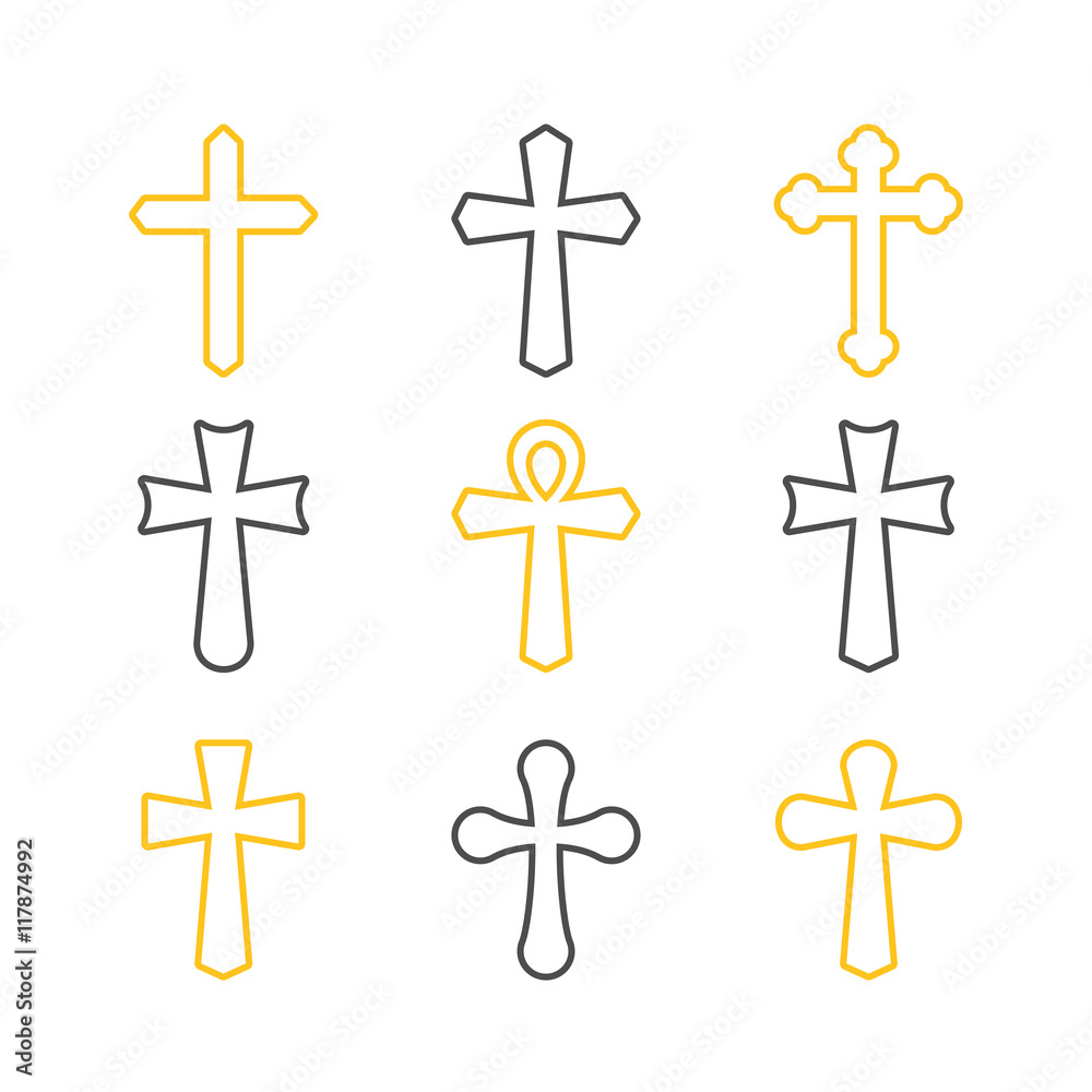 Thin line icons set of crosses.