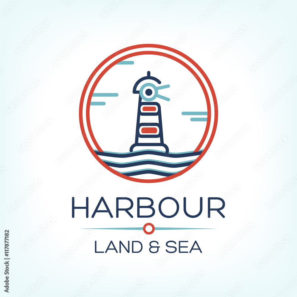 Flat lighthouse icon on blue sea, illustration vector background