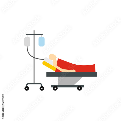 Patient in l stretcher bed on a drip icon in flat style on a white background