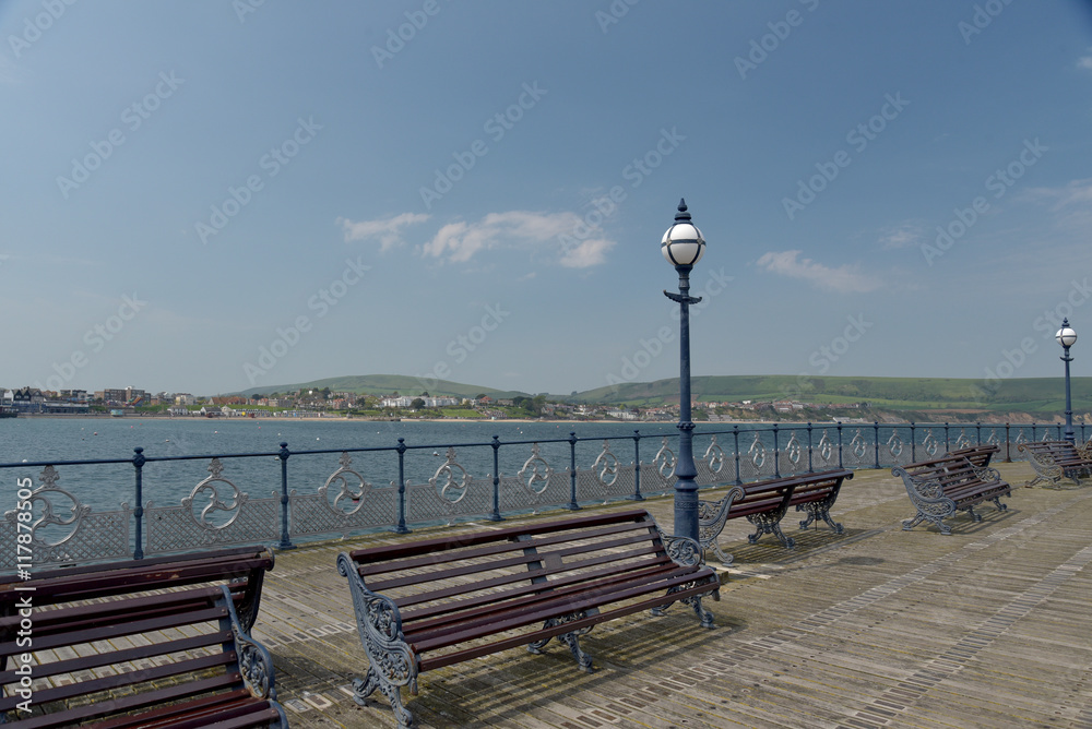 Benches on pier at Swanage, Dorset