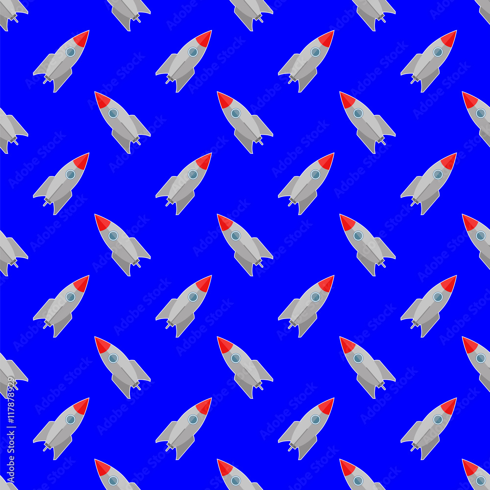 Space Rocket Flying on Blue Sky Background. Seamless Pattern