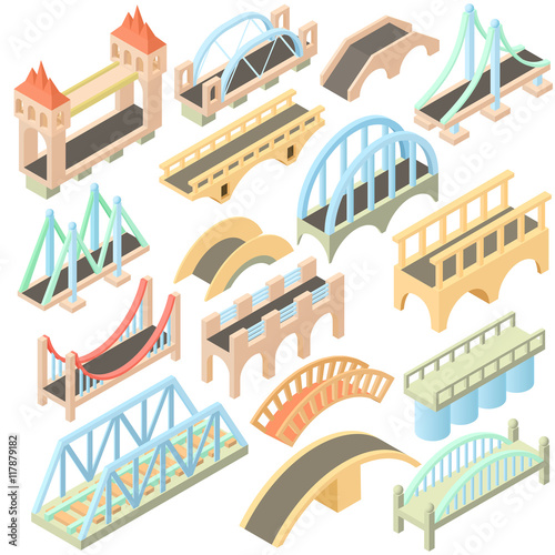 Isometric bridges stadium icons set. Universal bridges icons to use for web and mobile UI, set of basic bridges elements isolated vector illustration