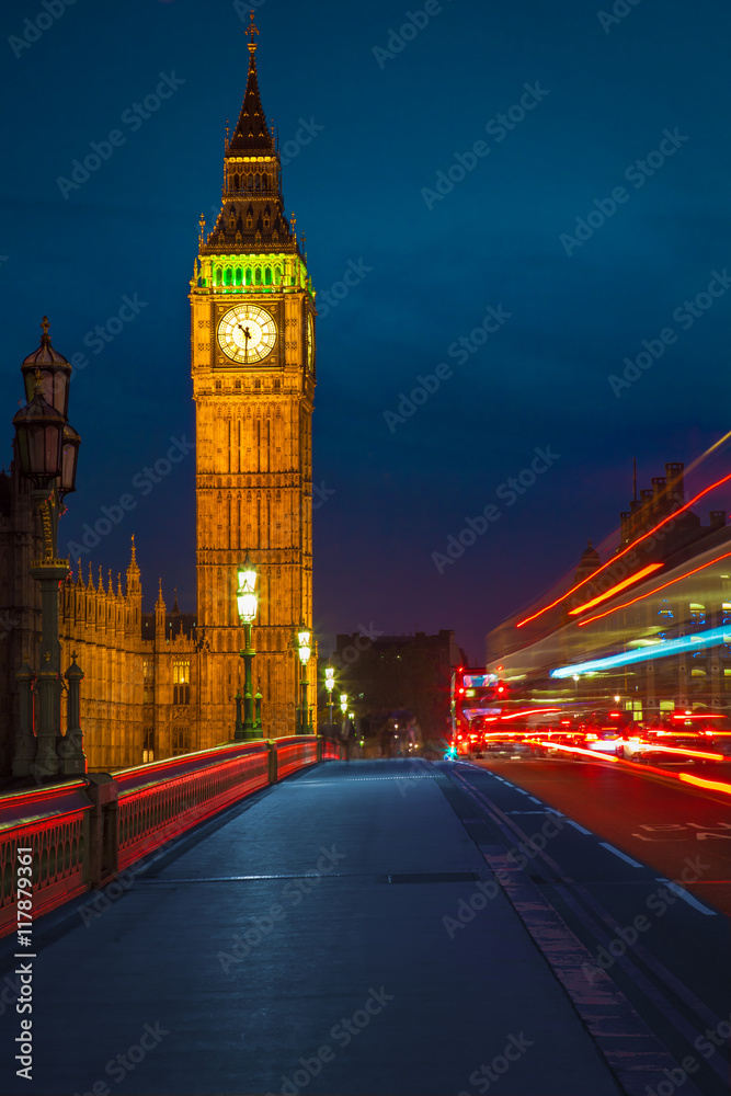 Big Ben and Westminster Bridge at night.