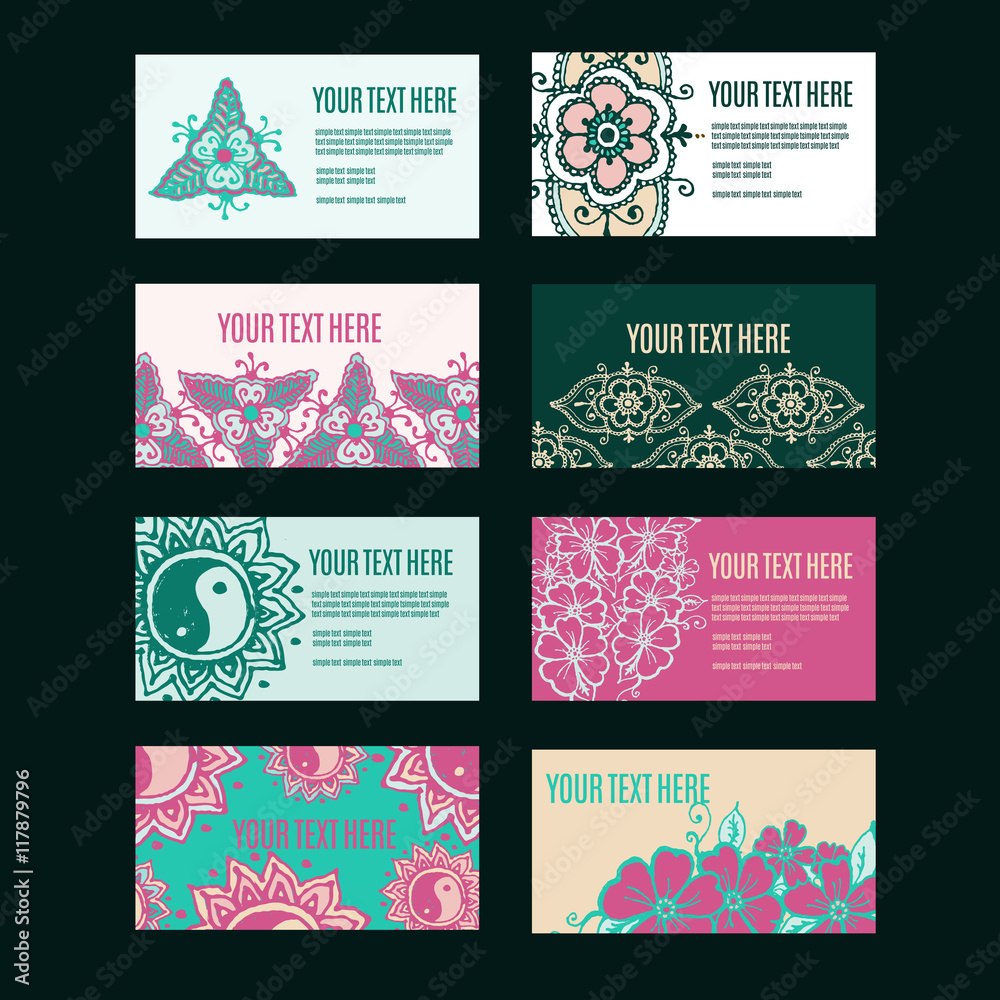 Vintage ornament design business card collection with floral texture. EPS 10 vector pattern set in oriental style. mehendi henna tattoo.
